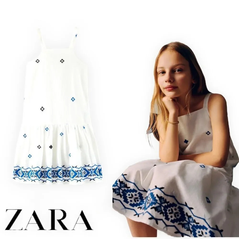ZARA Kids | White & Blue | EMBROIDERED TRIM DRESS